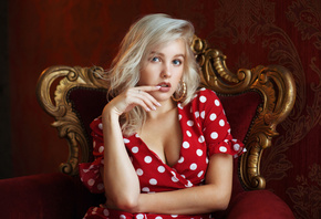 Christina Artemyeva, women, Maxim Maximov, blonde, polka dots, finger on li ...