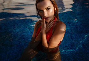 women, Red Bikini, brunette, portrait, swimming pool, red nails, gray eyes, wet body, wet hair
