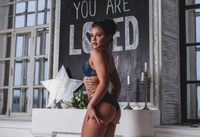 women, tanned, hairbun, ass, tattoo, portrait, blue lingerie, window, candles