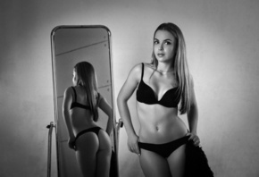 women, black lingerie, ass, mirror, reflection, monochrome, portrait