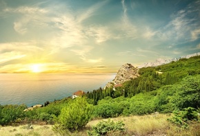 sea, forest, the sky, the sun, clouds, trees, rocks, coast, slope, horizon, ...