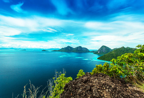 sea, the sky, clouds, trees, mountains, tropics, stones, rocks, coast, hori ...