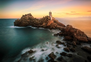 sea, wave, the sky, clouds, sunset, stones, rocks, dawn, shore, lighthouse, the evening, morning, surf, island, Cape