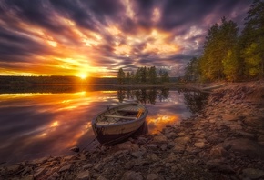 trees, sunset, lake, boat, Norway, Norway, RINGERIKE