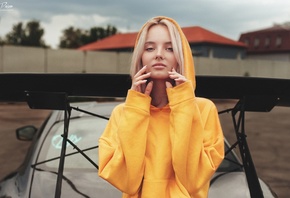 women, blonde, nose ring, sweater, hoods, portrait, women with cars