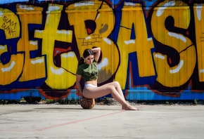 women, T-shirt, ball, sitting, Calvin Klein, belly, women outdoors, graffit ...