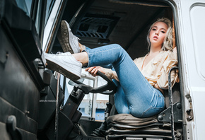 women, blonde, dyed hair, Anton Harisov, trucks, jeans, sitting, sneakers, tattoo, Nike
