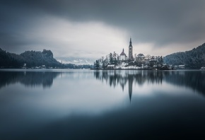Церковь, Блед, Словения, озеро, деревья, снег, зима