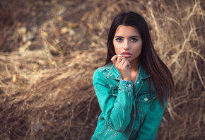 women, portrait, white nails, denim