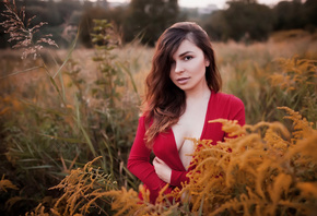 women, cleavage, portrait, boobs, women outdoors, red dress