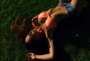 women, Alex Bazilev, jean shorts, grass, ribs, bikini top, belly, pierced navel, lying on back, armpits