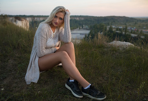 women, blonde, sitting, Dmitry Sn, portrait, blue eyes, sneakers, Nike