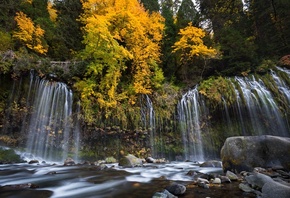 осень, лес, деревья, река, камни, водопад, Калифорния, каскад, California,  ...