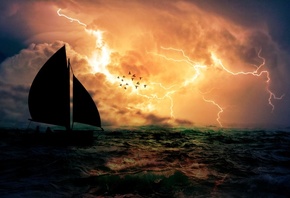 яхта, море, закат, шторм, ретушь