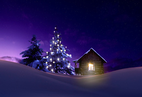 nikos Bantouvakis, 3D, графика, digital art, зима, снега, домик, свет, ёлки, фонарики, новый год, ночь