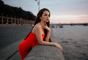 women, portrait, long hair, red dress, women outdoors