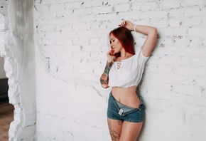 women, redhead, brunette, tattoo, belly, jean shorts, pierced navel, wall, bricks, necklace