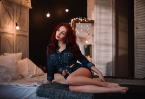 women, redhead, sitting, red lipstick, denim shirt, jean shorts, in bed, pi ...