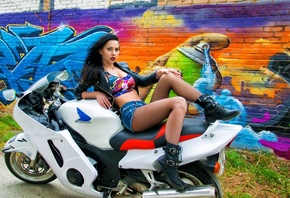 women, leather jackets, jean shorts, shoes, women with motorcycles, fishnet stockings, graffiti, sitting, Honda