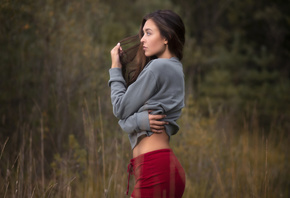 women, profile, portrait, short shorts, sweater