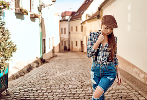 women, plaid shirt, suspenders, torn jeans, portrait