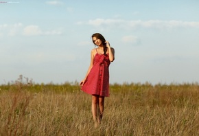 women, polka dots, portrait, red dress, women outdoors