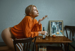 women, blonde, ass, white panties, kneeling, chair, cigarettes, smoke