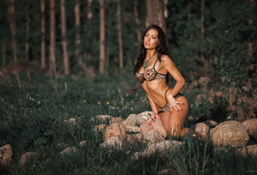 women, tanned, belly, trees, forest, women outdoors, pierced navel, red nai ...