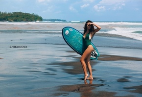 women, Svetlana Nikonova, tanned, surfboards, one-piece swimsuit, portrait, ...
