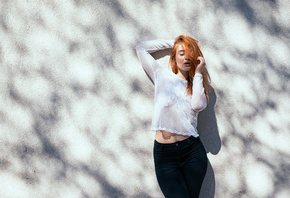 women, jeans, redhead, belly, portrait, wall, hair in face