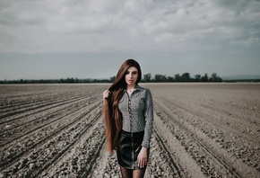 women, long hair, portrait, shirt, skirt, leather skirts, women outdoors