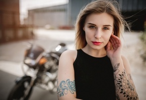 women, blonde, black clothing, tattoo, portrait, women with motorcycles, women outdoors, Yamaha, nose ring