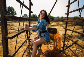 women, sunglasses, sitting, denim, women outdoors, high heels, chair, portrait