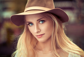 women, Lods Franck, portrait, hat, face, blue eyes