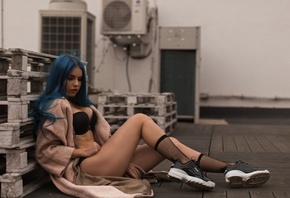 women, brunette, blue hair, dyed hair, black lingerie, sitting, sneakers, F ...