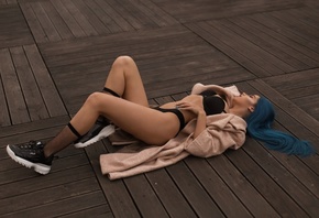 women, brunette, blue hair, dyed hair, black lingerie, women outdoors, lyin ...