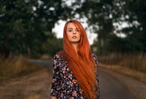 women, Martin Kuhn, redhead, long hair, road, portrait