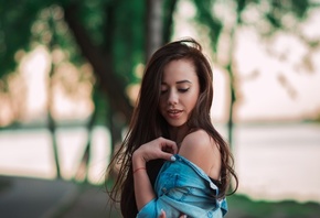 women, face, portrait, denim shirt, smiling, long hair, white nails, bare s ...