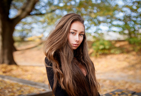 women, portrait, long hair, black clothing, women outdoors, trees