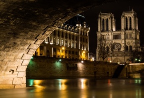 ночь, огни, Франция, канал, арка, храм, Собор Парижской Богоматери, Notre Dame
