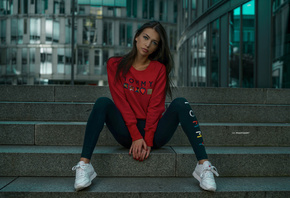 women, stairs, sneakers, portrait, sitting, red nails, blue eyes