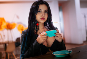 women, cup, black bras, black nails, portrait, spoon, leather jackets