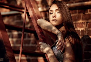 women, stairs, long hair, portrait, bricks