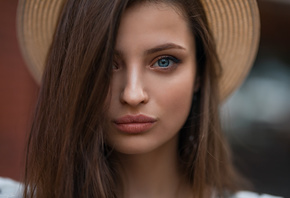women, blue eyes, hat, face, portrait, Dmitry Sn