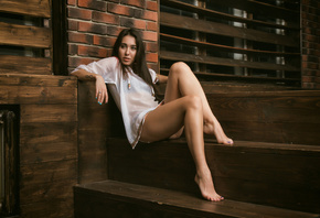 women, sitting, stairs, portrait, see-through clothing, window, tattoo, ass, painted nails, bricks