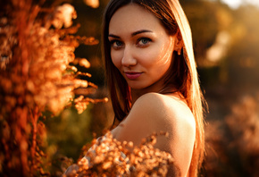 women, face, portrait, smiling, blue eyes, bare shoulders