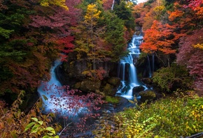 природа, осень, горы, камни, скалы, водопад, каскад, лес, деревья, кусты
