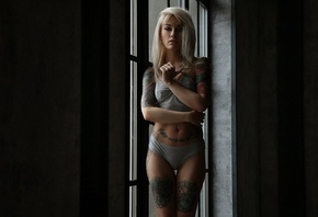 Sasha Brink, women, portrait, blonde, tattoo, pierced navel, belly, window, ...