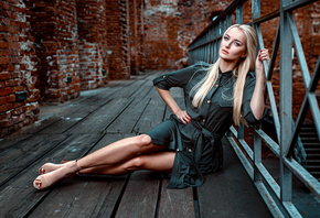 women, Damian Piorko, blonde, red nails, dress, portrait, sitting, bricks,  ...