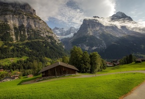 Mountains, Alps, Grass, Clouds, Field